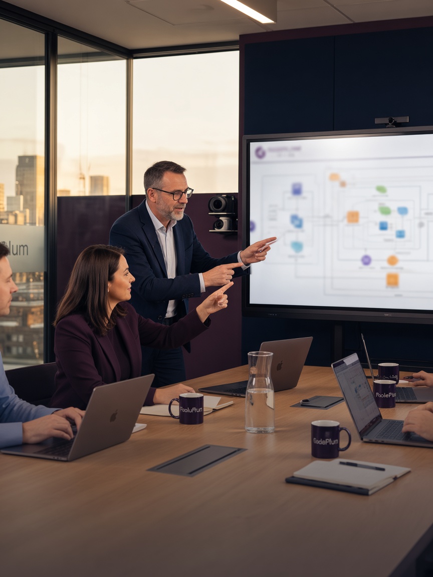 Consultants reviewing a hiring plan with a client in a meeting room